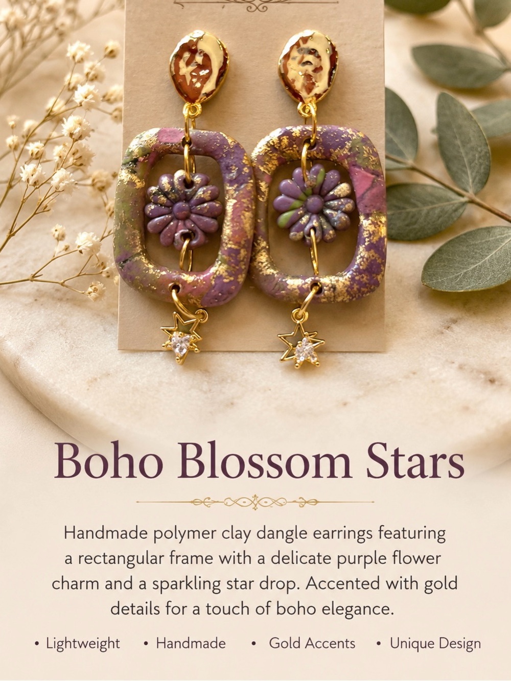 Boho Blossom Stars Purple Floral Dangle Earrings with Gold Accents